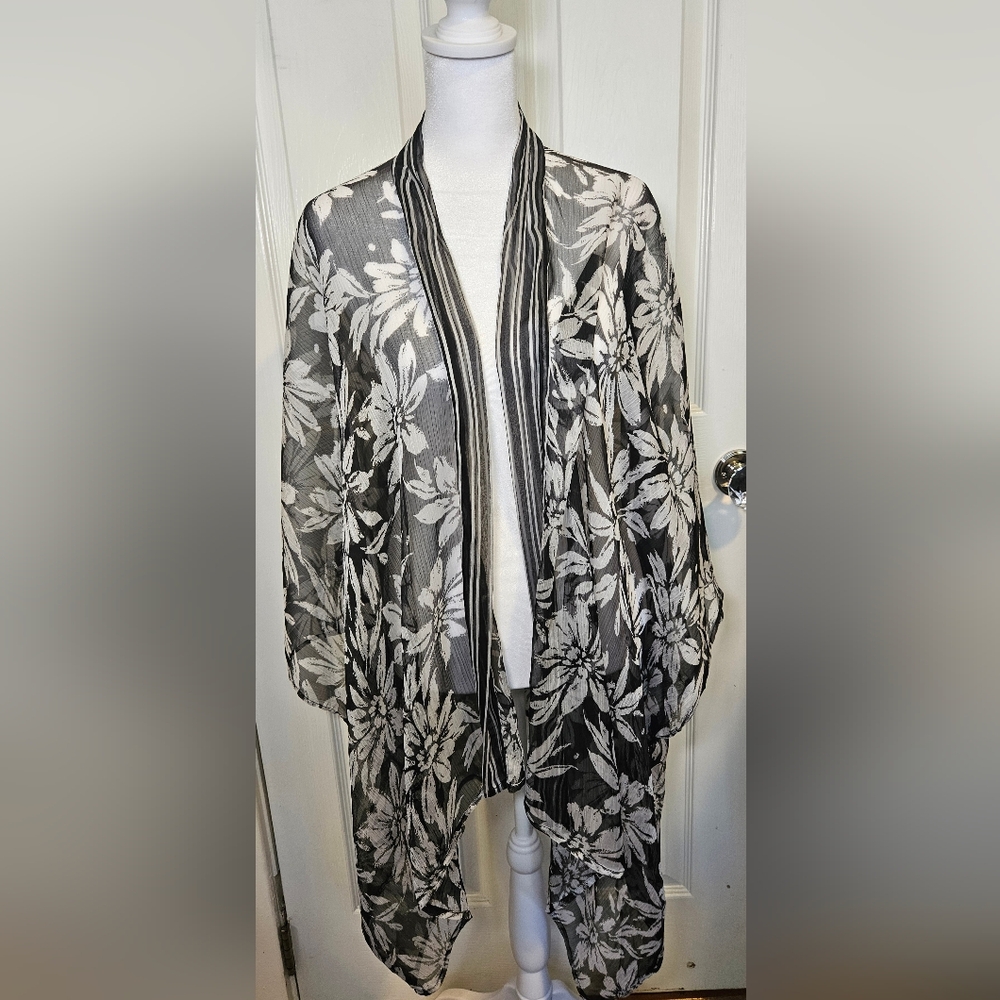 Loft Black and White Sheer Floral Open Front Kimono